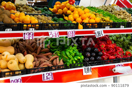 Shelves with variety testy vitamin products in fruit and vegetables department in the supermarket Shelves with variety testy vitamin products in fruit and vegetables department in the supermarket 90111879