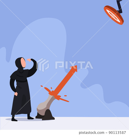 Business concept design attractive Arab businesswoman flame cannonball wick to hit target. Financial investments grow. Goal achievement, leadership, career path. Vector illustration flat cartoon style 90113587