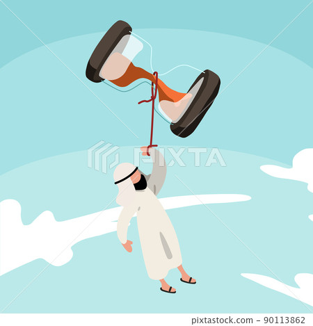 Business design of Arabian businessman flying with hourglass balloon to the sky. Business time management and deadline concept. Success, champion, victory, sandglass. Vector illustration flat cartoon Business design of Arabian businessman flying with hourglass balloon to the sky. Business time management and deadline concept. Success, champion, victory, sandglass. Vector illustration flat cartoon 90113862