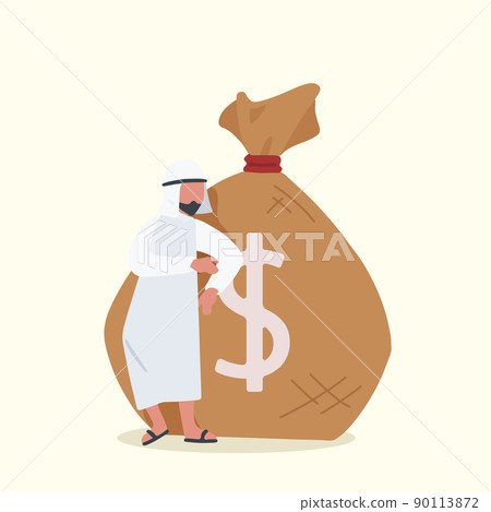 Business flat drawing happy Arabian businessman standing near big heavy bag with dollar sign. Male manager leaning on money sack. Success, career, and achievement concept. Cartoon vector illustration Business flat drawing happy Arabian businessman standing near big heavy bag with dollar sign. Male manager leaning on money sack. Success, career, and achievement concept. Cartoon vector illustration 90113872