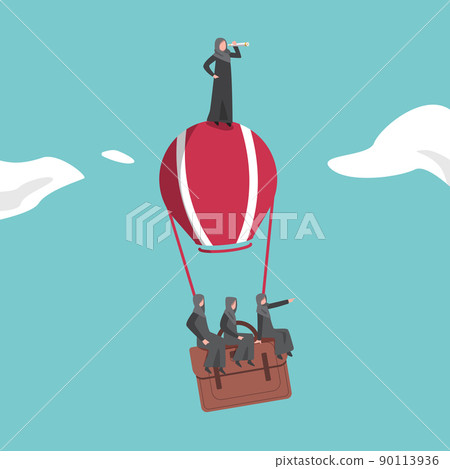 Business concept flat Arabic businesswoman standing, looking through monocular on hot air balloon briefcase. Business people group search to success. Growth, vision. Graphic design vector illustration Business concept flat Arabic businesswoman standing, looking through monocular on hot air balloon briefcase. Business people group search to success. Growth, vision. Graphic design vector illustration 90113936