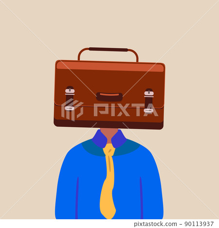 Business concept flat style isolated of businessman with briefcase instead of head, symbolizing avarice, broker, money, success. Successful business pleasure goal. Graphic design vector illustration Business concept flat style isolated of businessman with briefcase instead of head, symbolizing avarice, broker, money, success. Successful business pleasure goal. Graphic design vector illustration 90113937
