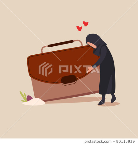 Business flat drawing Arab businesswoman hugs briefcase with money, bonus at work. New position and salary. First paycheck. Happy worker. Successful business pleasure goal. Cartoon vector illustration Business flat drawing Arab businesswoman hugs briefcase with money, bonus at work. New position and salary. First paycheck. Happy worker. Successful business pleasure goal. Cartoon vector illustration 90113939