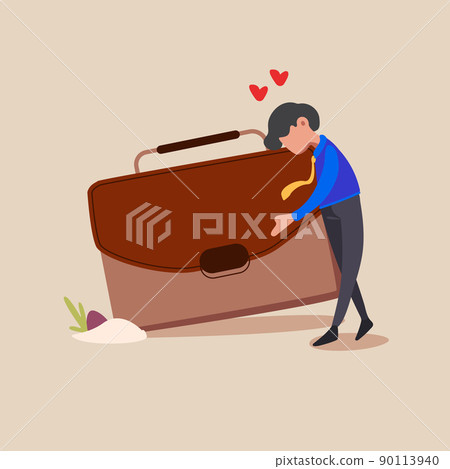 Business concept design businessman hugs briefcase with money, bonus at work. New position and salary. First paycheck. Happy worker. Successful business pleasure goal. Vector illustration flat cartoon 90113940