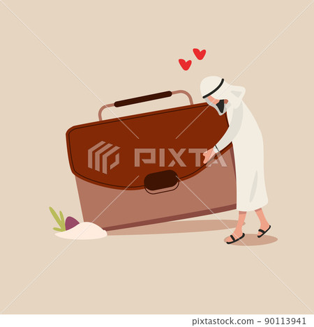 Business concept flat Arabian businessman hugs briefcase with money, bonus at work. New position and salary. First paycheck. Happy worker. Successful business pleasure goal. Design vector illustration Business concept flat Arabian businessman hugs briefcase with money, bonus at work. New position and salary. First paycheck. Happy worker. Successful business pleasure goal. Design vector illustration 90113941
