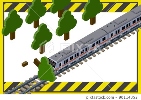 Isometric banner illustration of the image that the train is delayed due to a fallen tree, no main line. 90114352