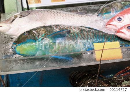 在沖繩市場排隊的五顏六色的魚 在沖繩市場排隊的五顏六色的魚 90114737