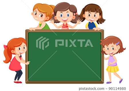 Cute children with empty chalkboard isolated 90114980