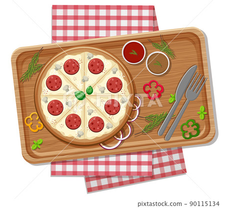 Top view of cheese pizza on a wooden tray 90115134