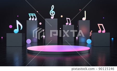 The platform for product showcase in the dark background with a colorful musical note. The platform for product showcase in the dark background with a colorful musical note. 90115146