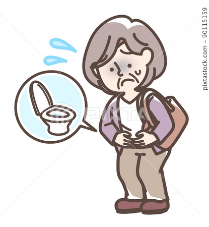 Elderly woman holding her stomach with abdominal pain 90115159