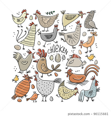Funny farm birds family. Chicken and Rooster characters. Art collection for your design 90115881