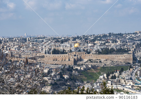 Jerusalem old city, holy mountain. Jerusalem of Gold under cloudy sky - old town view from Mount of Olives 90116183