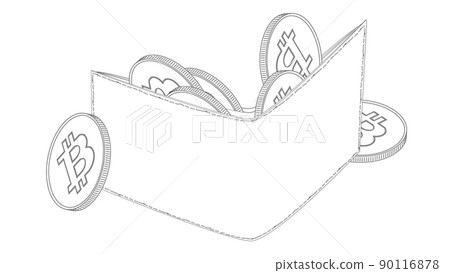 Contour isometric leather wallet with Bitcoin BTC coins isolated on white. 90116878