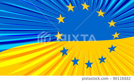 Ukrainian flag and sign of European Union. The concept of the unification of Ukraine and Europe. EU considering candidate for membership. Vector illustration. Ukrainian flag and sign of European Union. The concept of the unification of Ukraine and Europe. EU considering candidate for membership. Vector illustration. 90116882