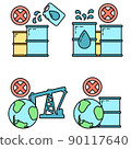 Stop use barrel oil industry, world oil pollution by petroleum concept icon, green eco earth cartoon flat vector illustration, isolated on black. 90117640