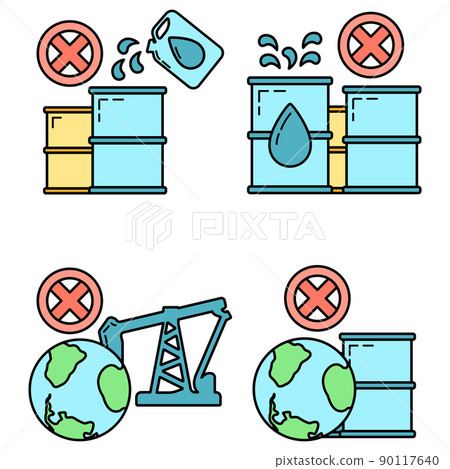 Stop use barrel oil industry, world oil pollution by petroleum concept icon, green eco earth cartoon flat vector illustration, isolated on black. 90117640