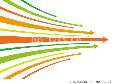 Illustration of a bright right-pointing curved arrow in green and orange / white background Illustration of a bright right-pointing curved arrow in green and orange / white background 90117791