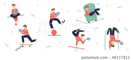 Man work on laptop and balance in different poses 90117812