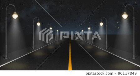Night road with street lamps perspective view Night road with street lamps perspective view 90117849