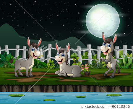 Cartoon illustration of happy donkeys playing at night 90118266
