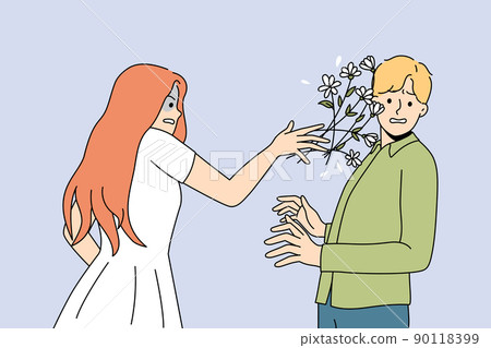 Unhappy woman throw flowers to man face Unhappy woman throw flowers to man face 90118399
