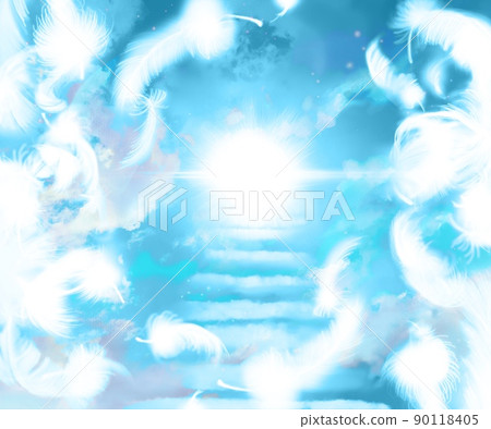 Illustration of white feathers flying in the blue sky and cloud stairs leading to heaven 90118405