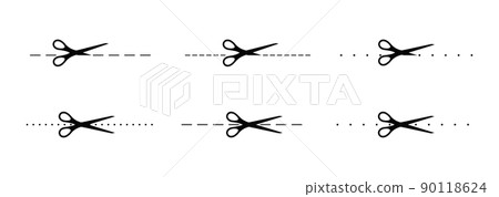 Scrissors cut along a dotted line mark icon set. Scrissors cut along a dotted line mark icon set. 90118624