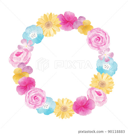 Illustration material: A wreath of gorgeous and colorful flowers hand-painted with watercolors. 90118883