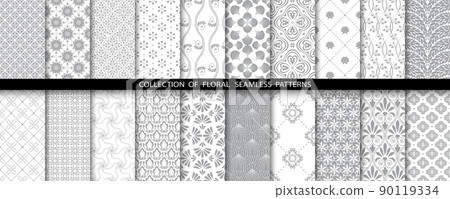 Geometric floral set of seamless patterns. White and gray vector backgrounds. Simple illustrations Geometric floral set of seamless patterns. White and gray vector backgrounds. Simple illustrations 90119334