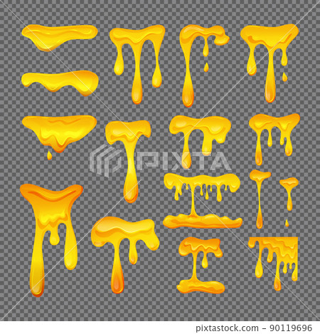 Flowing yellow viscous liquid on a transparent isolated background set. Lemon jelly or honey drops. Cheese. Vector illustration.  90119696