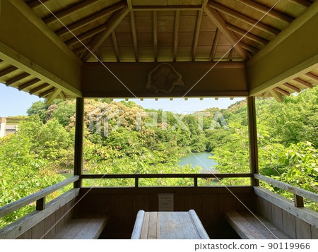 The fresh greenery of Onshiike Pond seen from Shia (Onshien Kochutei) [Okazaki City Central Park/Okazaki City, Aichi Prefecture] 90119966