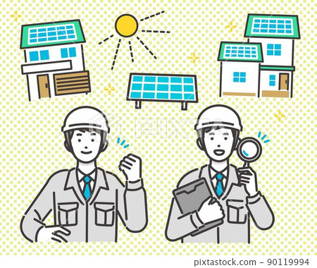 Vector illustrations of solar panels and workers / Architecture / SDGs / Private power generation / Eco 90119994