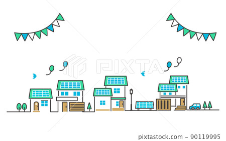 安裝太陽能電池板/建築/私人發電/可持續發展目標/生態的房屋和城市景觀的矢量圖解材料 安裝太陽能電池板/建築/私人發電/可持續發展目標/生態的房屋和城市景觀的矢量圖解材料 90119995