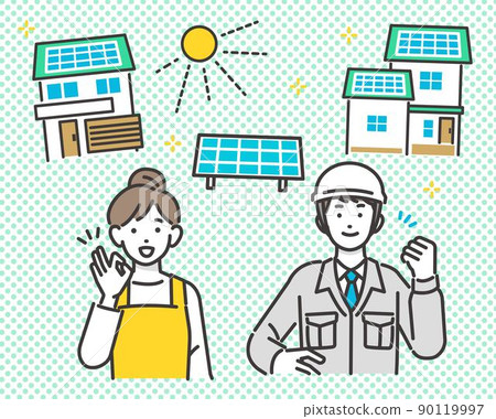 太陽能電池板、工人和家庭主婦/建築/可持續發展目標/私人發電/生態的矢量插圖 太陽能電池板、工人和家庭主婦/建築/可持續發展目標/私人發電/生態的矢量插圖 90119997