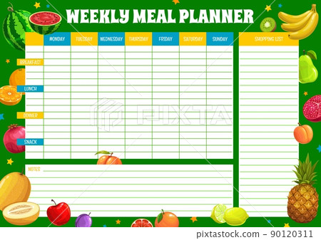 Weekly meal planner with tropical fruits. Vector timetable, week food plan organizer. Calendar menu for breakfast, lunch, dinner or snack with watermelon, orange, apple and garnet, melon, banana, pear Weekly meal planner with tropical fruits. Vector timetable, week food plan organizer. Calendar menu for breakfast, lunch, dinner or snack with watermelon, orange, apple and garnet, melon, banana, pear 90120311