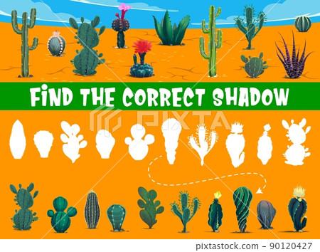 Find the correct desert cactus shadow. Kids game worksheet. Kindergarten children educational vector puzzle with find shadow task, kids intelligence playing activity, logical riddle with mexican cacti Find the correct desert cactus shadow. Kids game worksheet. Kindergarten children educational vector puzzle with find shadow task, kids intelligence playing activity, logical riddle with mexican cacti 90120427