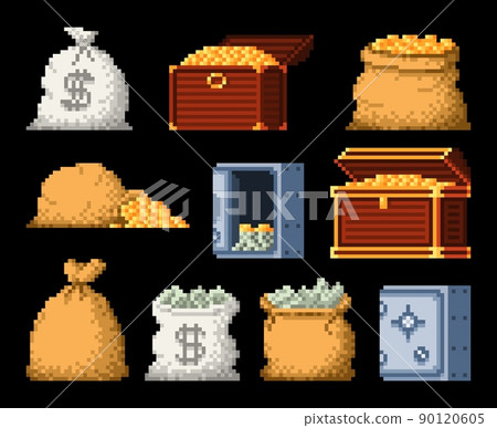 8 bit pixel money bag, golden coins, treasure chest and vault, vector game asset. Pixel art icons of gold bag and dollar cash in bank vault, cartoon golden coins treasure for 8bit arcade game 90120605
