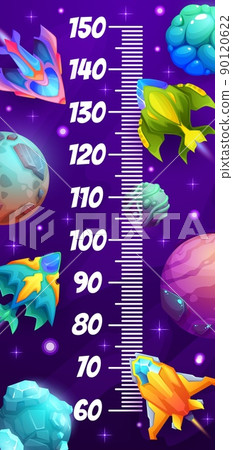 Galaxy space planets, rockets and starships. Kids height chart, growth measure or children vector height chart sticker, child growth centimeters scale with fantasy galaxy planets and alien spaceships 90120622