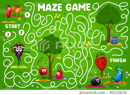 Labyrinth maze game, cartoon berry characters on yoga fitness, vector worksheet puzzle. Kids escape riddle or labyrinth maze to search and find for funny strawberry, cherry and raspberry with grape Labyrinth maze game, cartoon berry characters on yoga fitness, vector worksheet puzzle. Kids escape riddle or labyrinth maze to search and find for funny strawberry, cherry and raspberry with grape 90120676