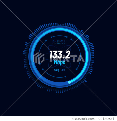 Futuristic internet speed meter dial, network connection fast test, vector website speedometer. Interned high speed download meter or web server mbps upload and ping gauge with blue neon glow Futuristic internet speed meter dial, network connection fast test, vector website speedometer. Interned high speed download meter or web server mbps upload and ping gauge with blue neon glow 90120681
