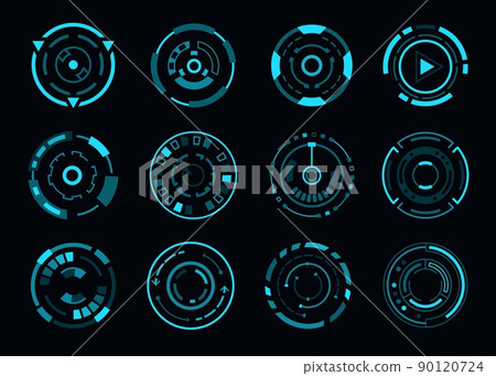 HUD futuristic aim control, target or navigation interface, vector dashboard dials. HUD target aim or sniper crosshair and radars or shot scopes, blue neon navigation control and dashboard buttons 90120724