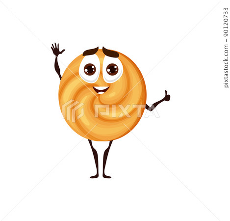 Cartoon round crumbly cookie character, vector dessert, bakery personage with funny face waving hand. Bakehouse production, fairy tale freshly baked pastry, kawaii bake house mascot Cartoon round crumbly cookie character, vector dessert, bakery personage with funny face waving hand. Bakehouse production, fairy tale freshly baked pastry, kawaii bake house mascot 90120733