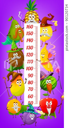 Kids height chart ruler with cartoon fruit magicians and wizards. Kids height ruler, child growth vector meter with pineapple, lemon and guava, kiwi, banana and watermelon, mango, orange personages Kids height chart ruler with cartoon fruit magicians and wizards. Kids height ruler, child growth vector meter with pineapple, lemon and guava, kiwi, banana and watermelon, mango, orange personages 90120734