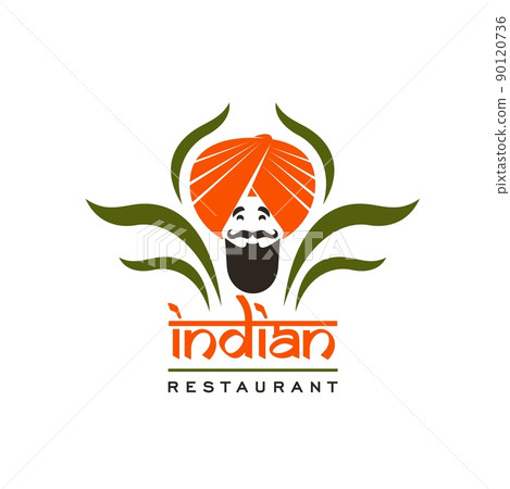 Indian restaurant vector icon of chef with orange turban, black mustache and beard, spice and herb leaves. Arabian restaurant, Indian cuisine cafe or ethnic bar isolated symbol with cooking guru Indian restaurant vector icon of chef with orange turban, black mustache and beard, spice and herb leaves. Arabian restaurant, Indian cuisine cafe or ethnic bar isolated symbol with cooking guru 90120736