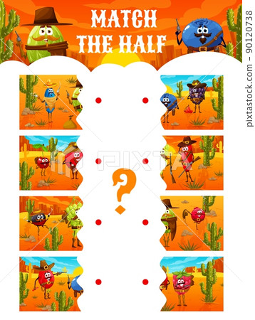 Match the half of cartoon berry ranger, cowboy and bandit characters on Wild West. Vector game worksheet with honeyberry, gooseberry, blueberry or blackberry. Cherry, barberry, cranberry and currant Match the half of cartoon berry ranger, cowboy and bandit characters on Wild West. Vector game worksheet with honeyberry, gooseberry, blueberry or blackberry. Cherry, barberry, cranberry and currant 90120738