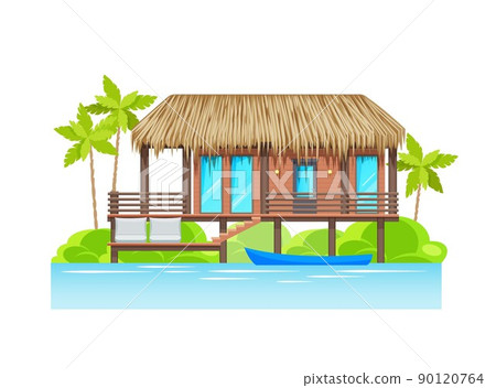 Modern bungalow exterior on island with parked water boat. Luxury tropical resort hotel, vector villa, summer vacation wooden home building on pillars with thatched roof, terrace and entrance to water 90120764