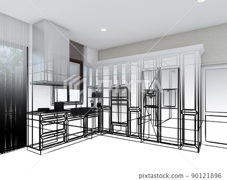 abstract sketch design of kitchen room ,3d rendering abstract sketch design of kitchen room ,3d rendering 90121896