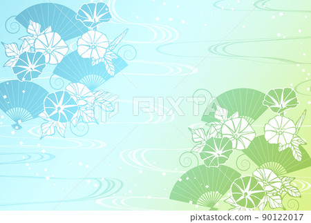 Paper-cutting Asagao and fan's summer greeting postcard Horizontal blue system 90122017