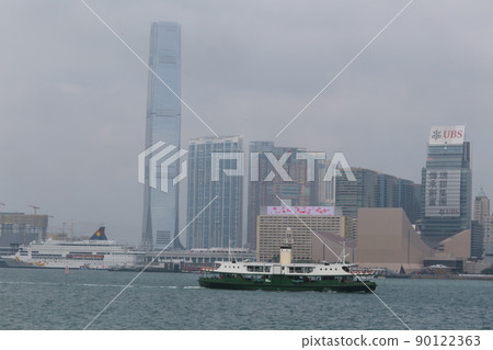 Star ferry sailing through Victoria Bay in Hong Kong Star ferry sailing through Victoria Bay in Hong Kong 90122363
